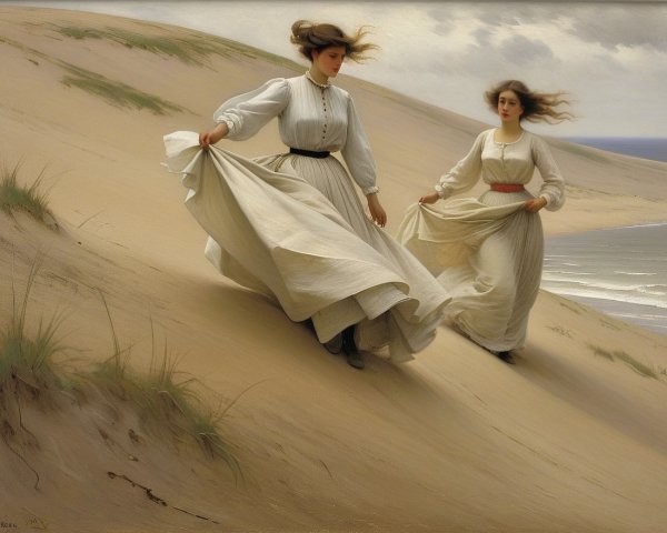 Women in White Dresses Walking on Sandy Dune