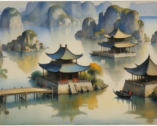 Serene Landscape with Pagodas and Calm Water