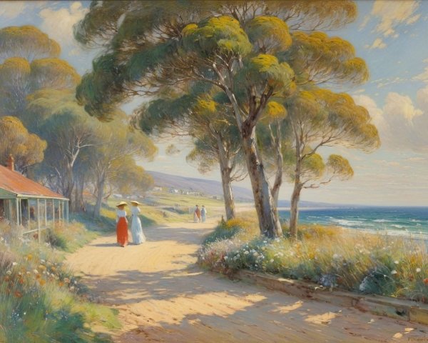 Coastal Scene with Women Strolling Along the Shore