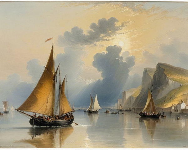 Serene Coastal Sunset with Sailboats and Cliffs