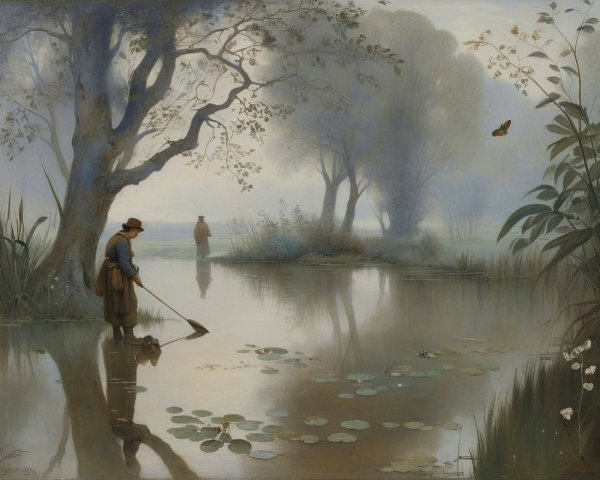 Serene Landscape with Fishing Figure and Lily Pads
