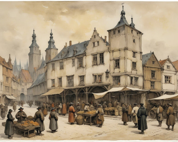 Watercolor Depiction of a Medieval Market Square