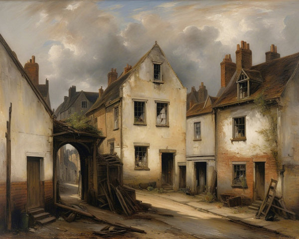 Old Street Scene with Dilapidated Houses and Weeds