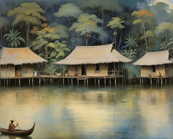 Wooden Houses on Stilts by a Tranquil River