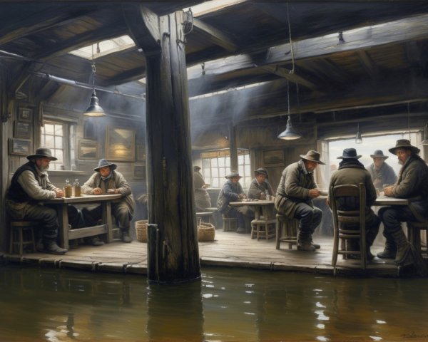 Dimly Lit Rustic Tavern with Engaged Patrons