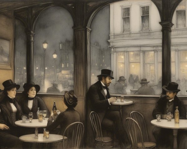 Vintage Café Evening with Gaslight and Patrons