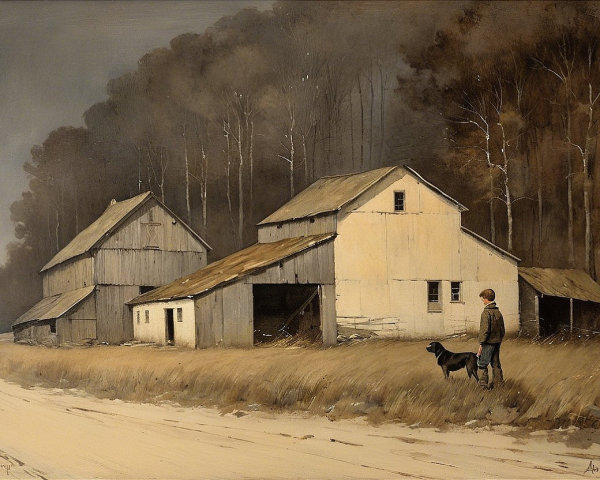 Tranquil Rural Scene with Boy and Black Dog