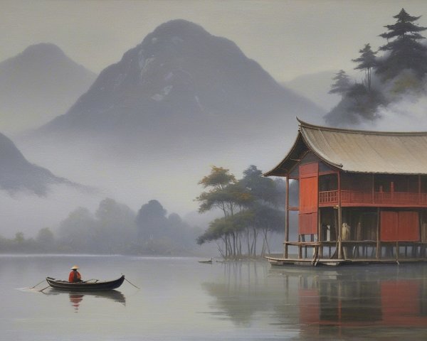 Tranquil Lake Landscape with Misty Mountains and Building
