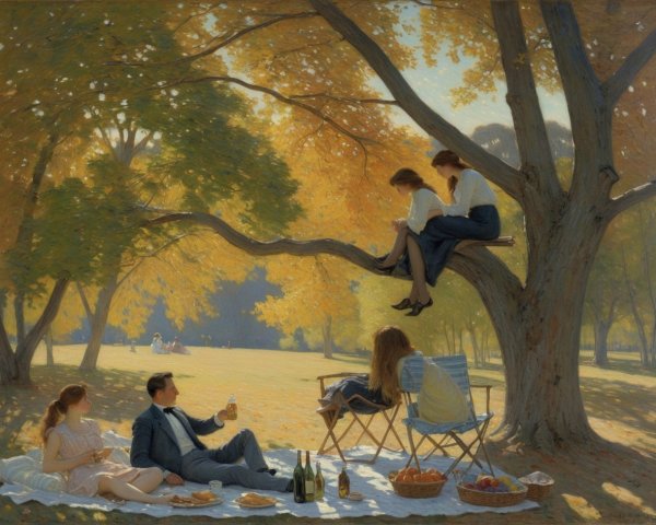 Autumn Landscape with Family Picnic Under Trees