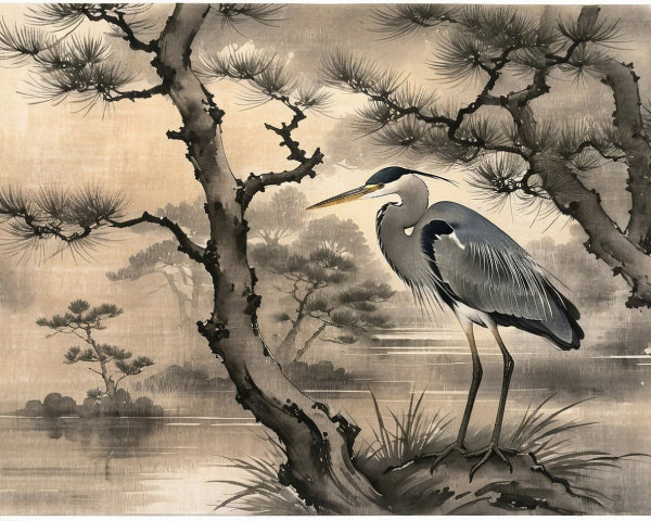 Digital Painting of Great Blue Heron by Calm Lake