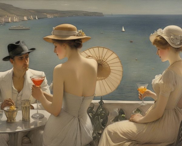 Coastal Scene with Trio on Balcony Enjoying Drinks
