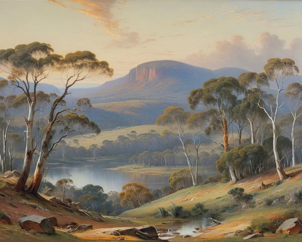Serene Landscape with Hills, River, and Mountain View