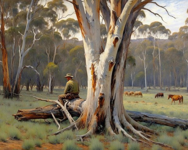 Serene Rural Landscape with Eucalyptus Tree and Horses