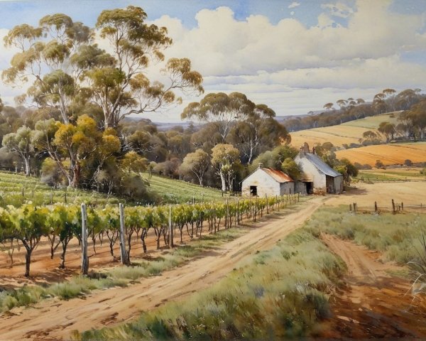 Serene Rural Landscape with Vineyards and Barns