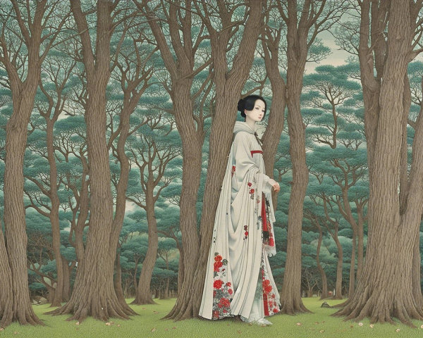 Woman in Kimono Walking Through Serene Forest