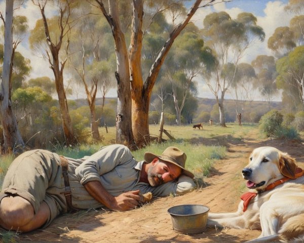 Man and dog relax in a tranquil rural landscape