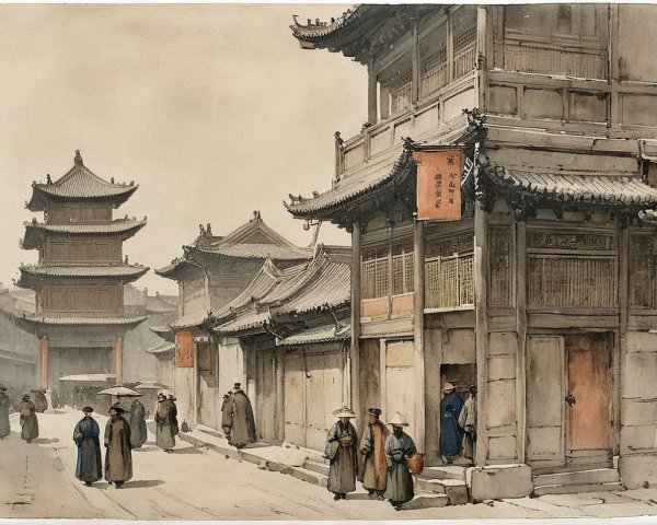 Serene Ancient Asian Town Street Scene Description