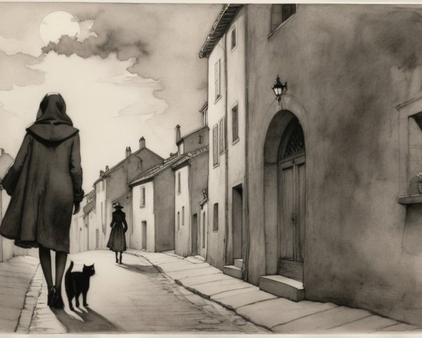 Moonlit Walk with Cloaked Figures and a Black Cat