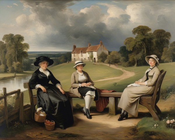 Elegant Women in Tranquil Countryside Scene
