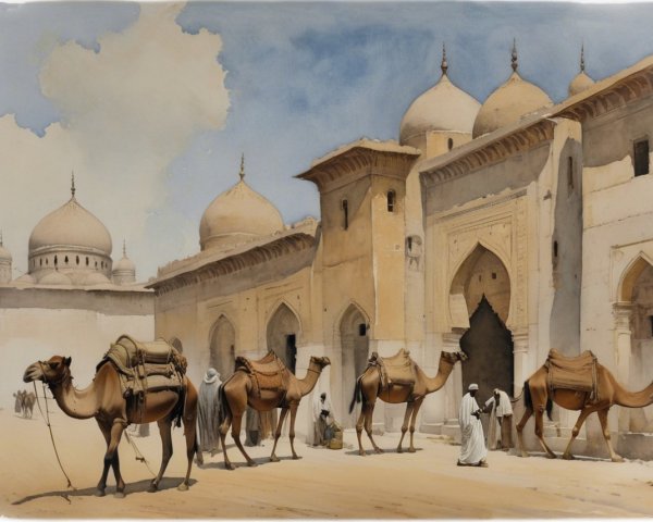 Desert Scene with Camels and Ancient Architecture