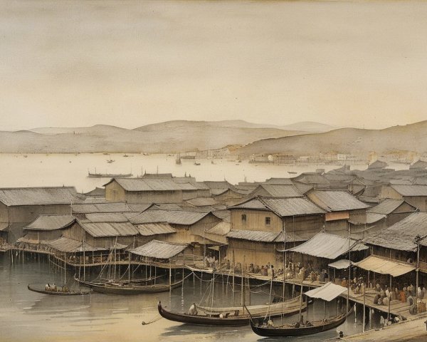 Tranquil Waterfront Village with Wooden Houses and Boats