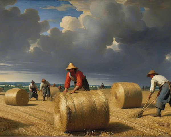 Vibrant Rural Scene of Farmers in Wheat Field