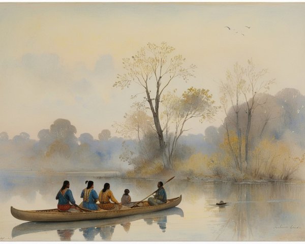 Canoeing at Dawn on a Calm River with Autumn Colors