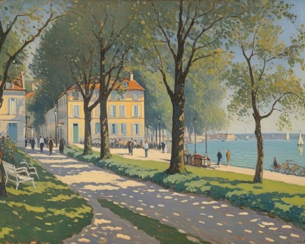 Vibrant Lakeside Scene with Pathway and Sailboats