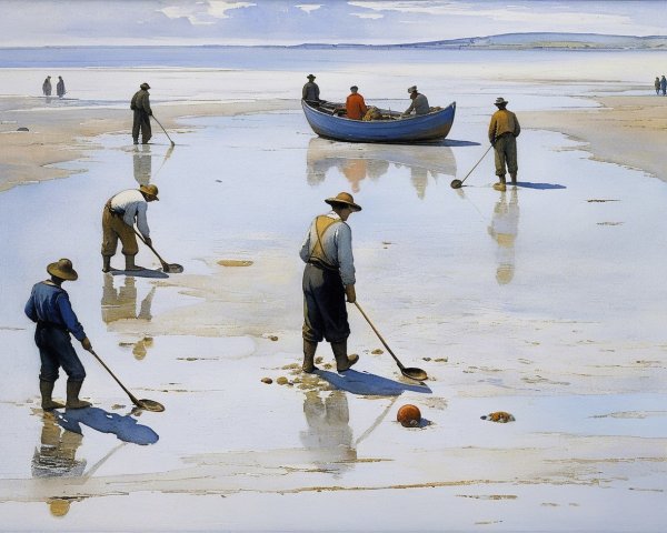 Watercolor of Men Clamming in a Shallow Cove