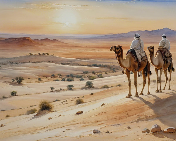 Desert Sunset with Figures on Camels and Dunes