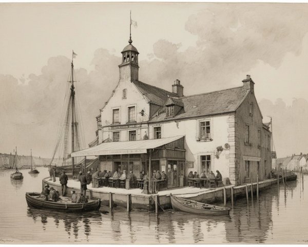 Historic Waterside Building with Café and Boats