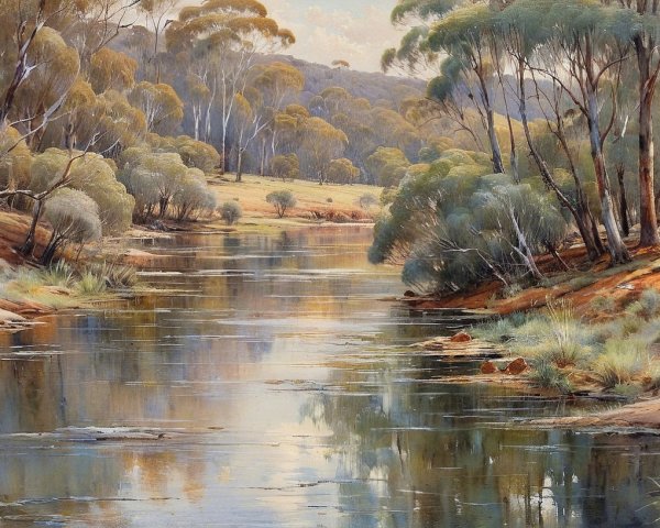 Tranquil River Scene with Lush Eucalyptus Landscape