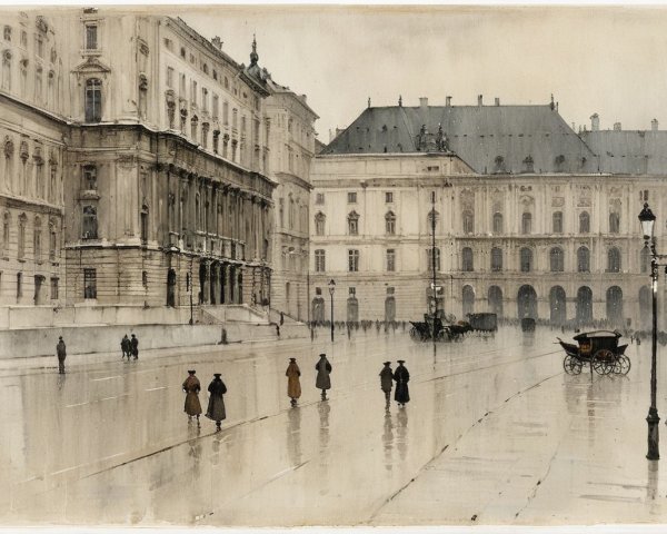 Wet Street Scene with Historical Buildings and Carriages