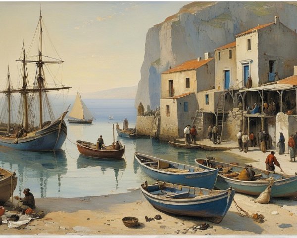Tranquil Coastal Village with Fishing Boats and Cliffs