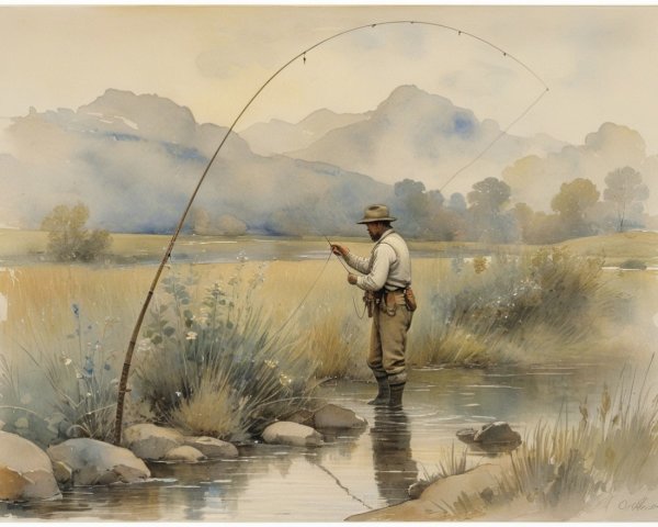 Man Fishing in a Tranquil Stream Surrounded by Nature