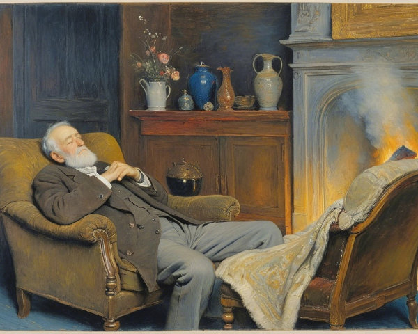 Elderly Man Relaxing by a Fire in Cozy Room