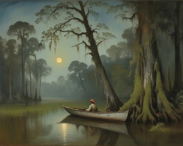 Lone Figure in Boat on Moonlit Still Waters