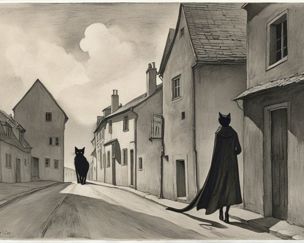 Quaint village street with a cloaked figure and cat