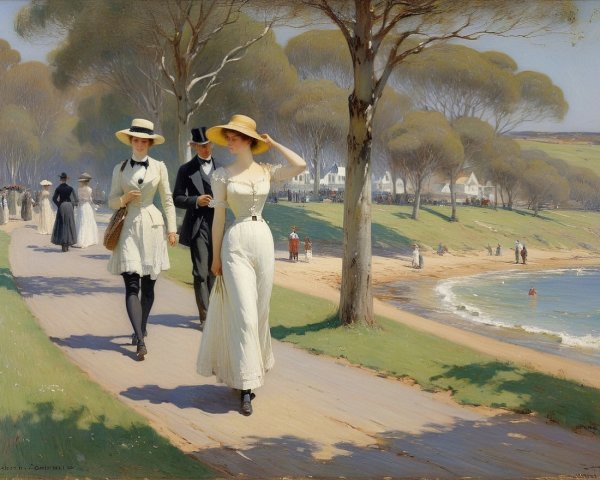 Elegant Beach Stroll on a Sunny Day with Greenery