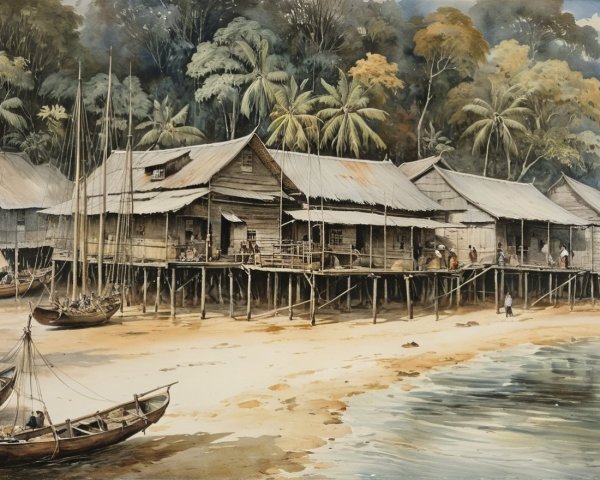 Serene Riverbank with Stilt Houses and Lush Greenery