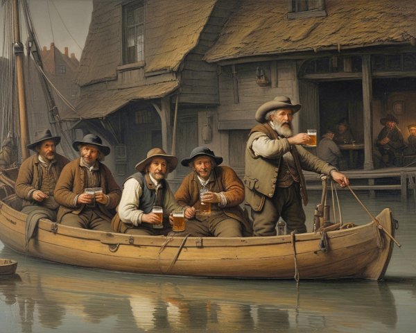 Men in Rustic Clothing Enjoying Beers in a Boat
