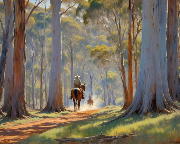 Horseback Riders in Sunlit Australian Eucalyptus Forest