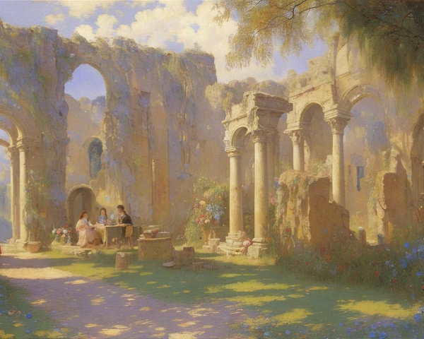 Ancient Ruins and Garden Scene in Soft Sunlight
