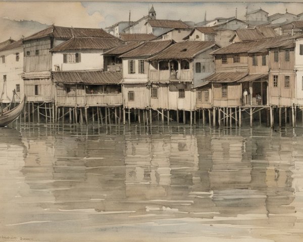 Serene Waterfront Scene with Stilted Wooden Houses