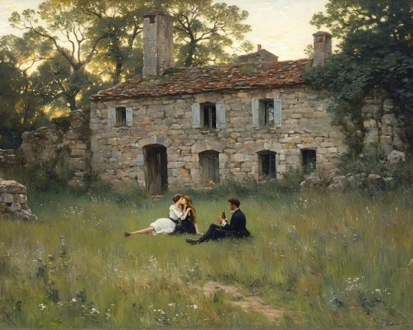 Lovers Seated in Grass by Rustic Stone House at Sunset
