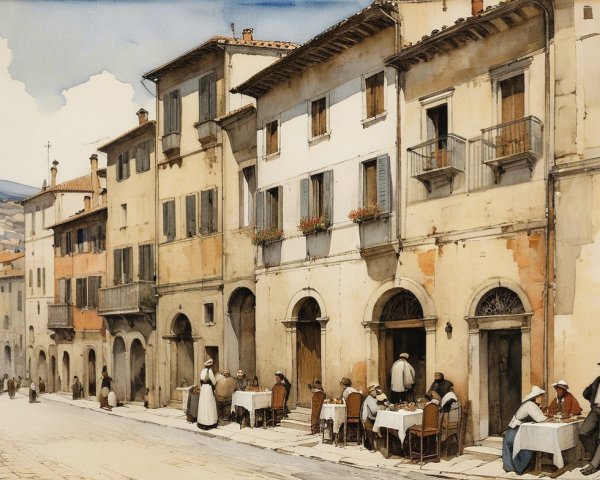 Charming Rustic Street Scene with Cafes and Hills