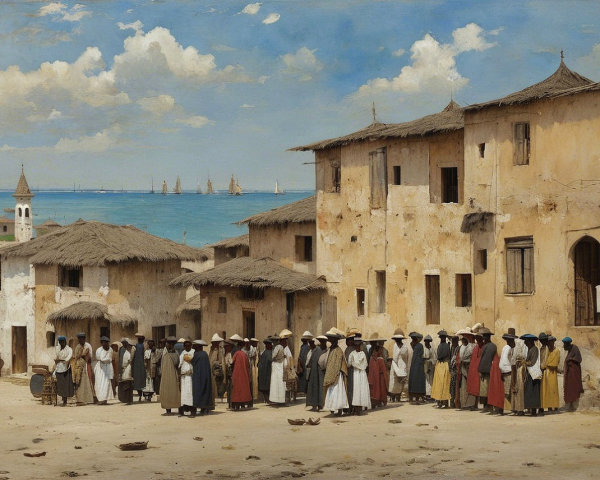 Coastal Village Scene with Traditional Attire and Ships