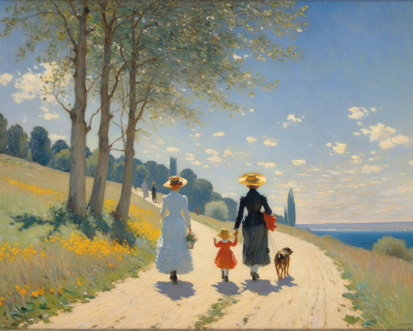 Oil Painting of Women, Child, and Dog on a Dirt Road