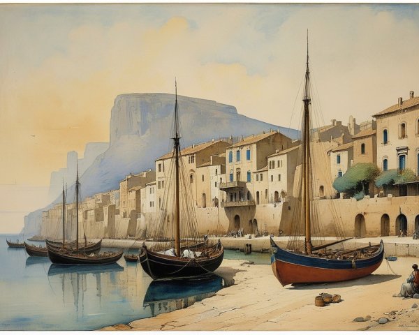 Quaint Harbor with Fishing Boats and Rocky Cliffs