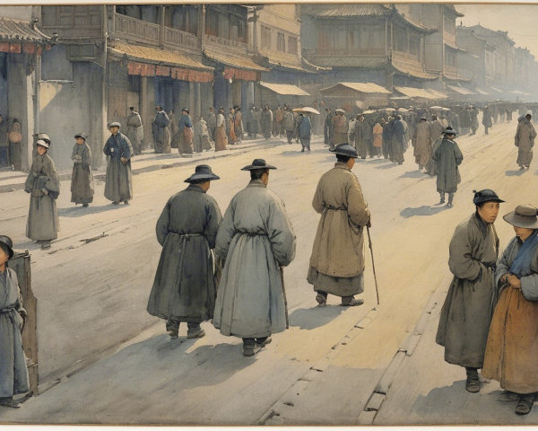 Landscape Watercolor of Traditional Chinese Street Scene